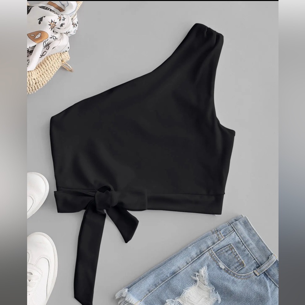 One Shoulder Knotted Crop Tank Top - Black S
